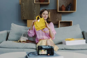 a woman with a yellow bag