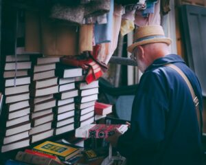 old books in a yard sale